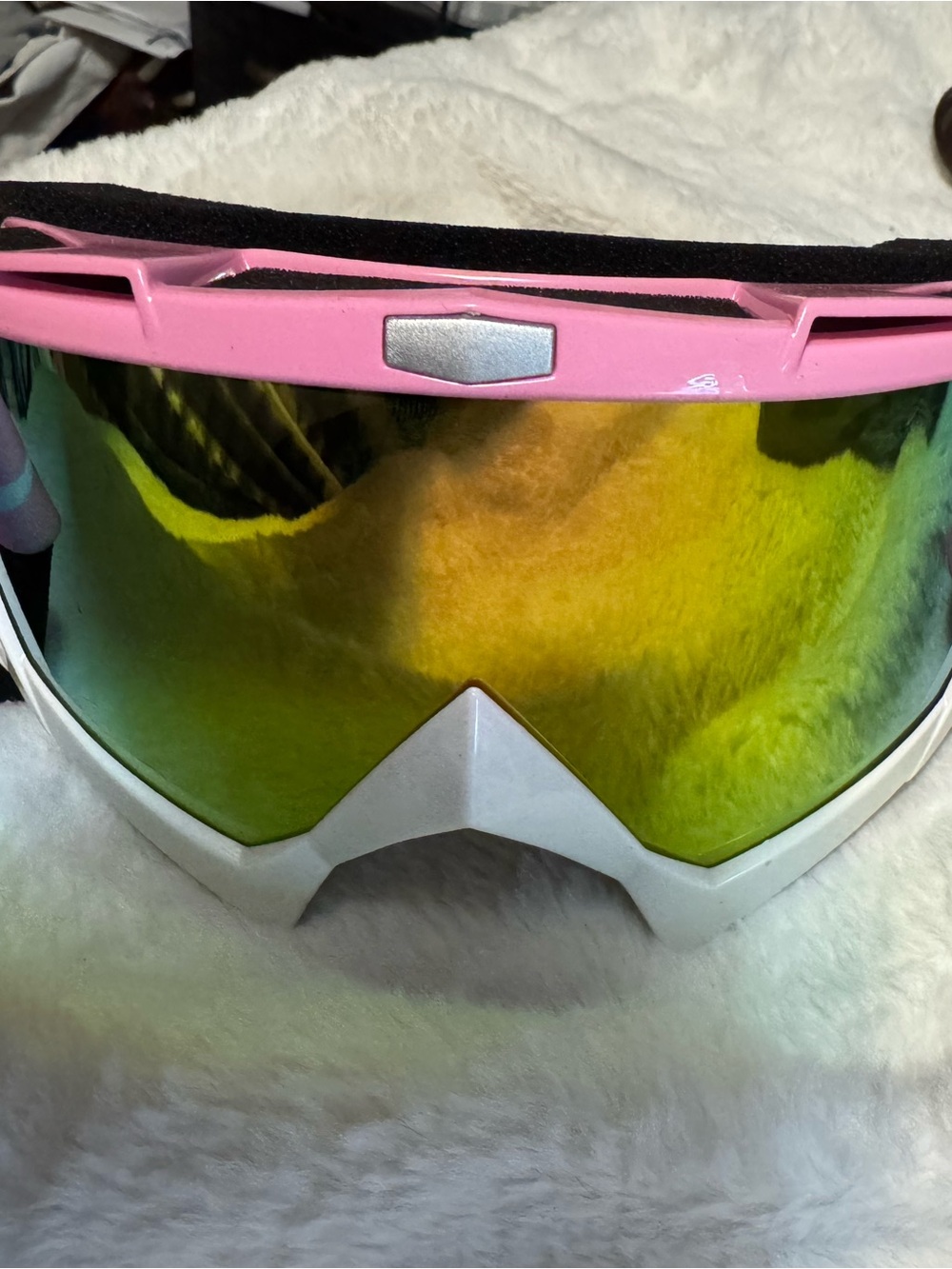 Women's Pink and White Snow Goggles with Mirrored Green-Gold Lens